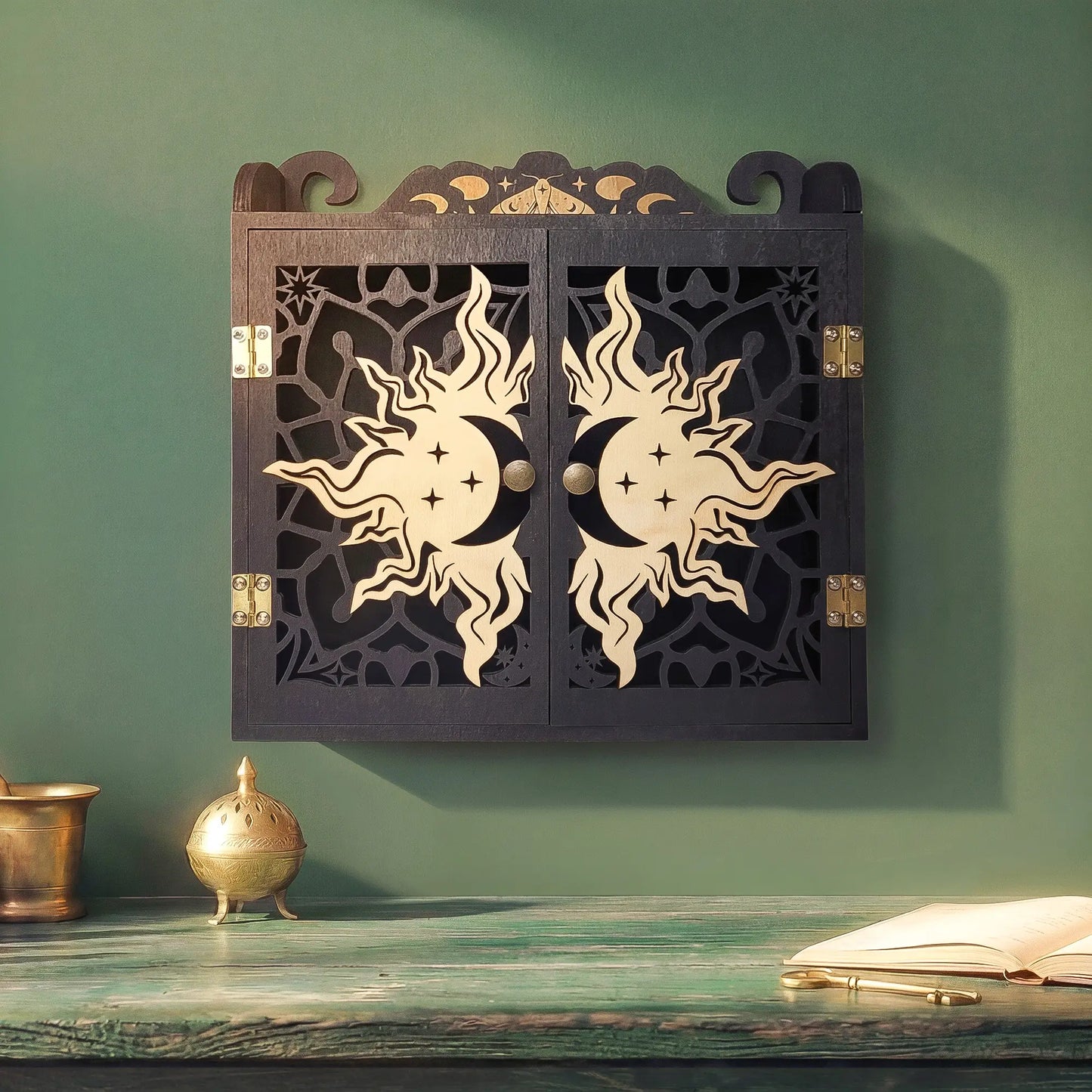 Moon Shelf Boho Room Decor, Crystal Display Shelf, Kitchen Shelf Trinket Cabinet Wooden Display Case, Nail Polish Rack Essential Oil Organizer Crystal Holder Makeup Storage Mug Shelf (Black)