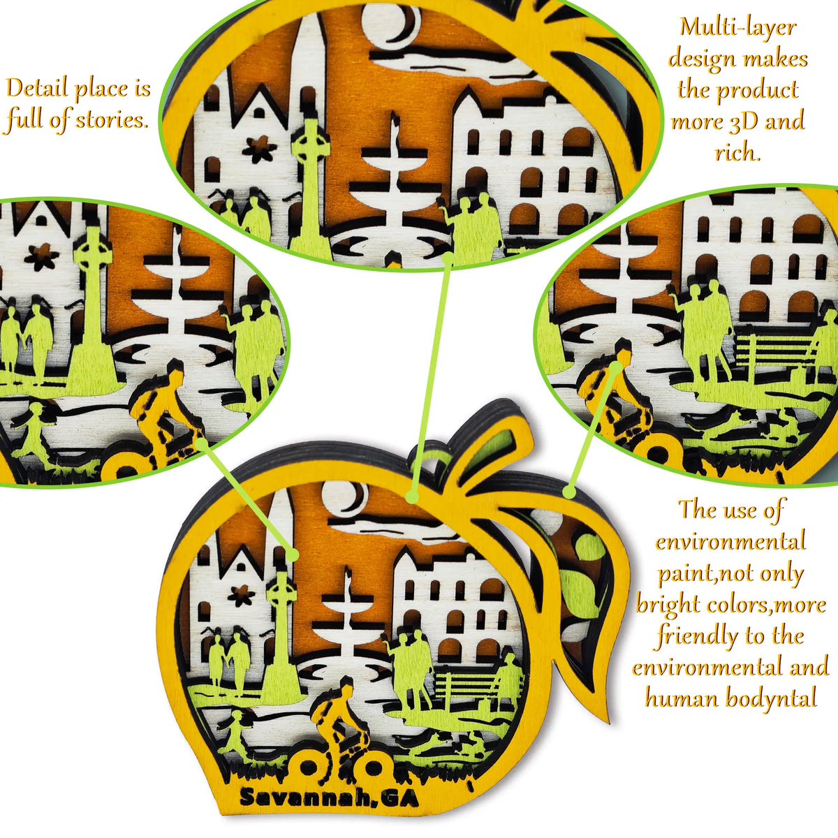 FNYDOX Savannah GA Peach Wood Souvenir Fridge Magnet
