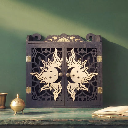 Moon Shelf Boho Room Decor, Crystal Display Shelf, Kitchen Shelf Trinket Cabinet Wooden Display Case, Nail Polish Rack Essential Oil Organizer Crystal Holder Makeup Storage Mug Shelf (Black)