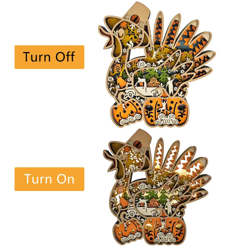 FNYDOX 3D Wooden Turkey Light Up Thanksgiving Decor