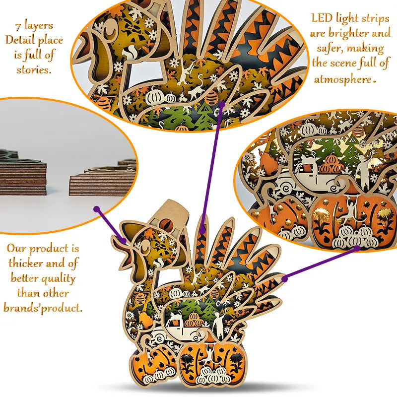 FNYDOX 3D Wooden Turkey Light Up Thanksgiving Decor