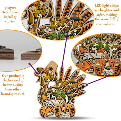 FNYDOX 3D Wooden Turkey Light Up Thanksgiving Decor