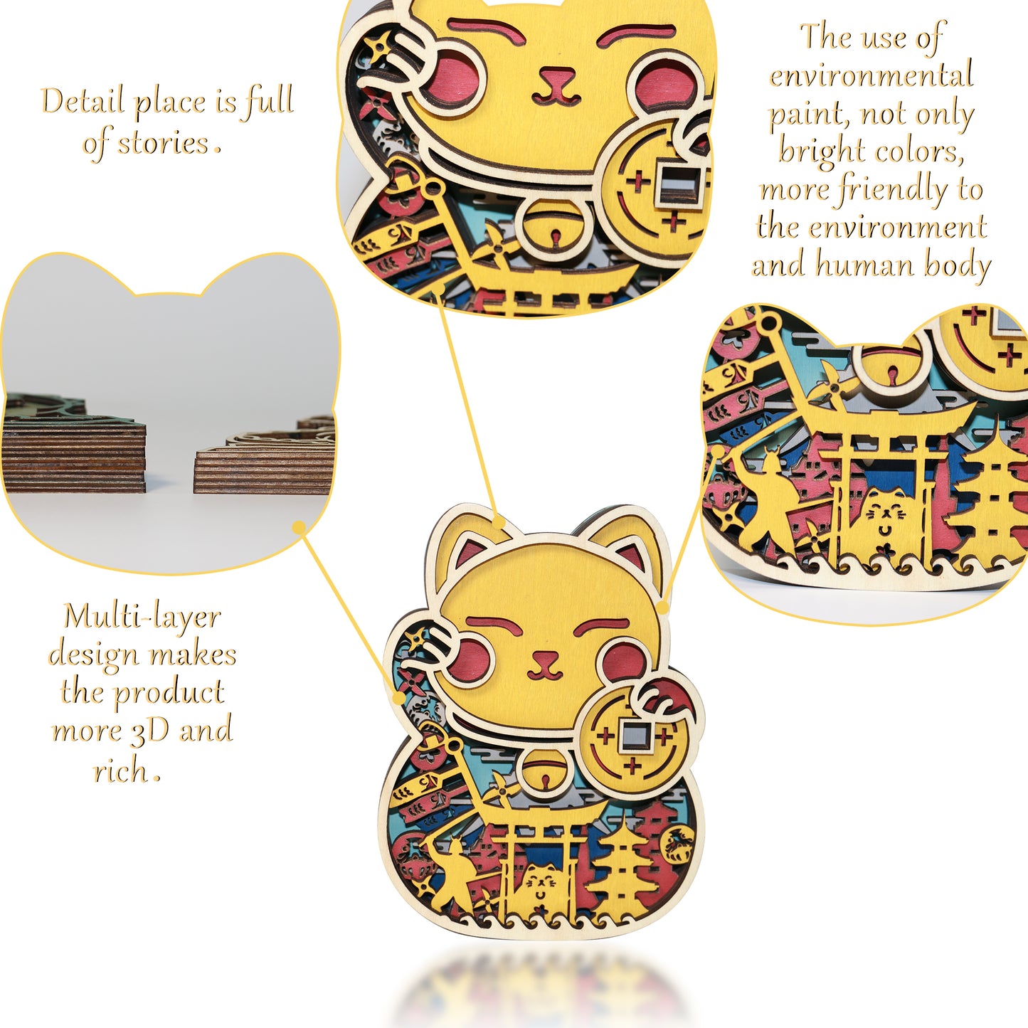 Wooden Fortune Cat Carving Handcraft Gift