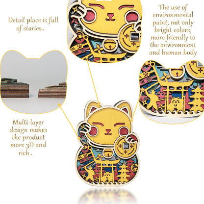 Wooden Fortune Cat Carving Handcraft Gift