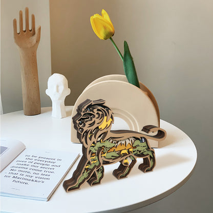 Wooden Lion Carving Handcraft Gift WIth LED