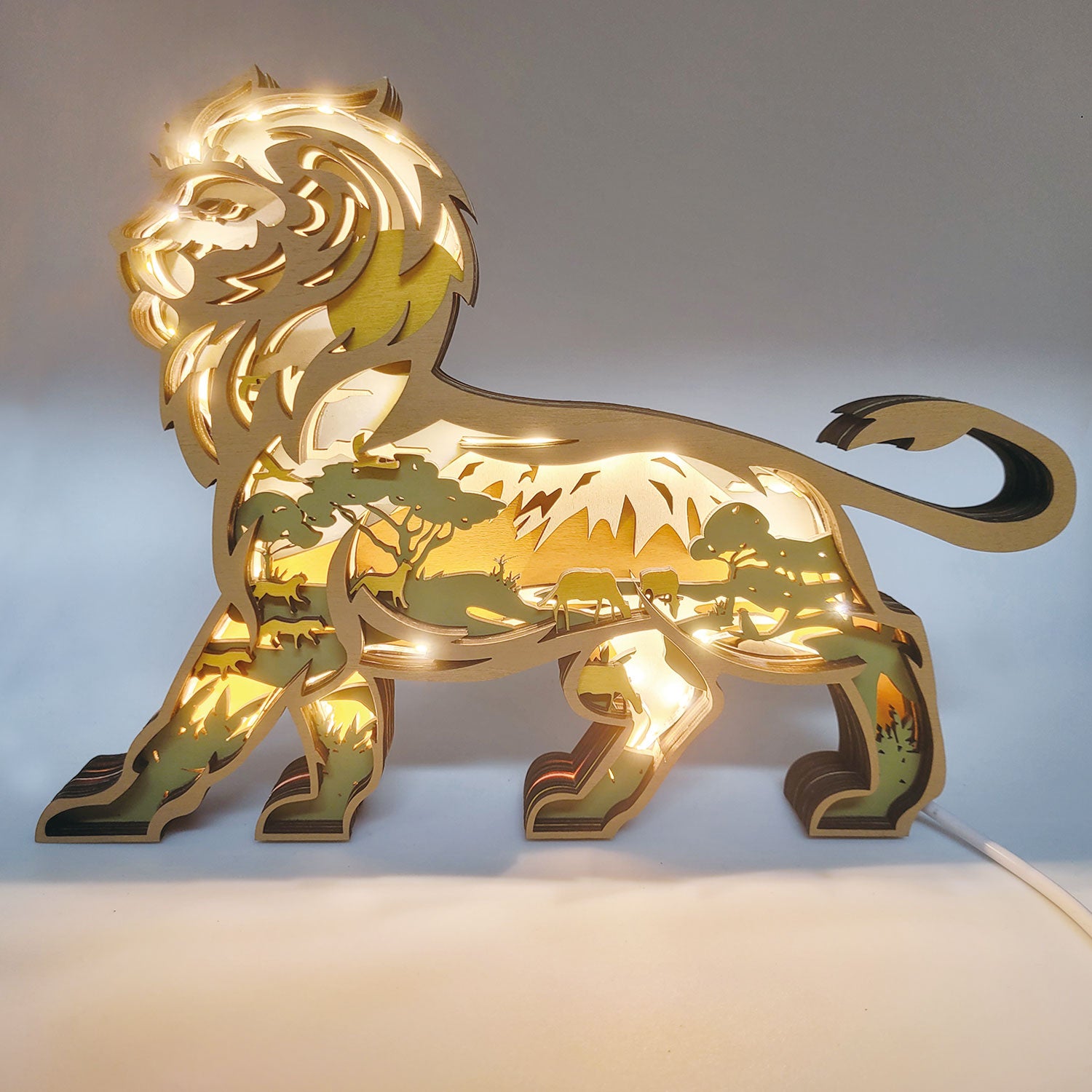 Wooden Lion Carving Handcraft Gift WIth LED