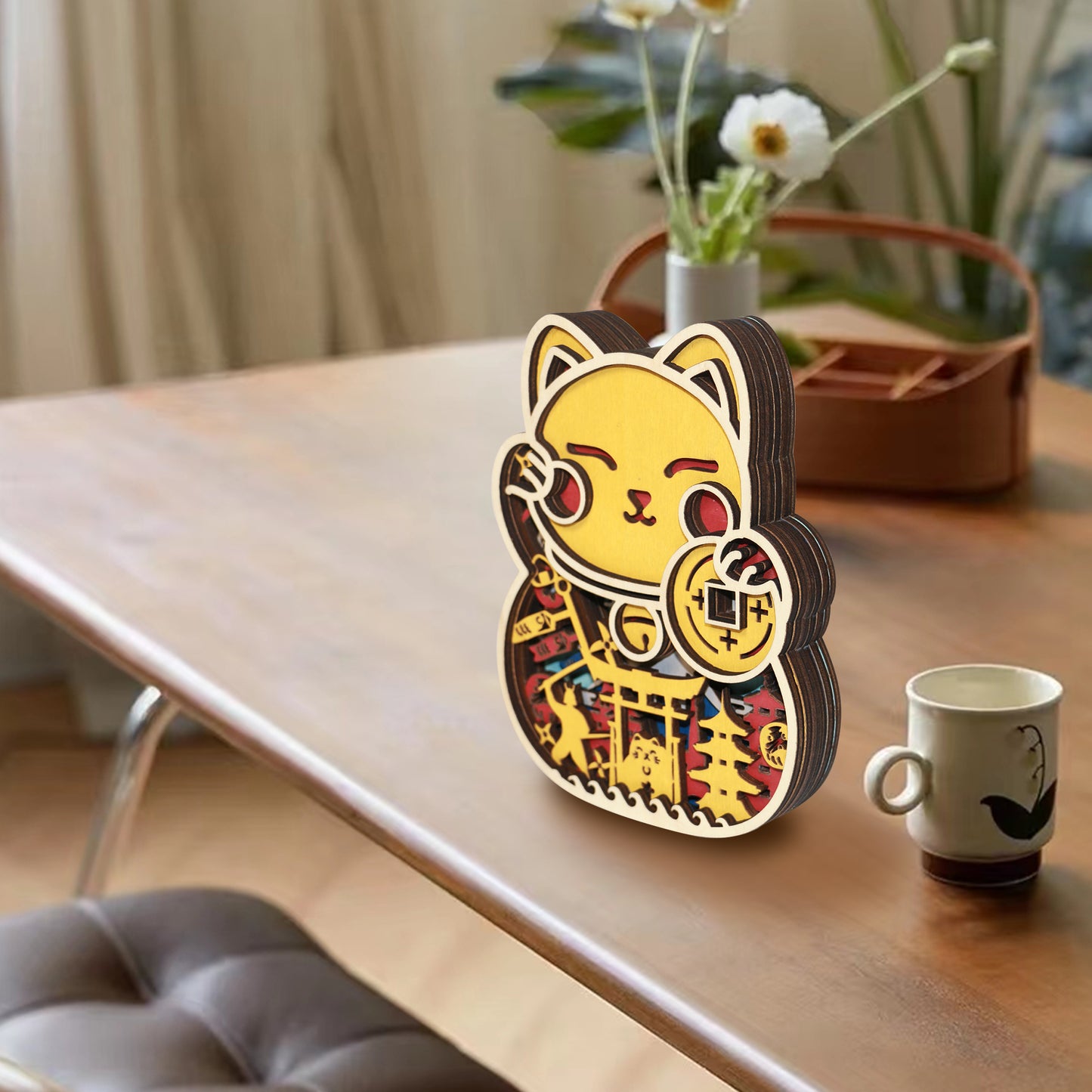 Wooden Fortune Cat Carving Handcraft Gift