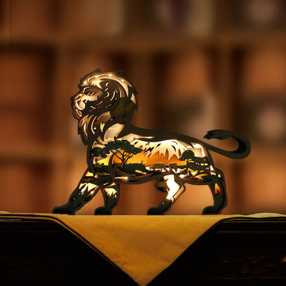 Wooden Lion Carving Handcraft Gift WIth LED
